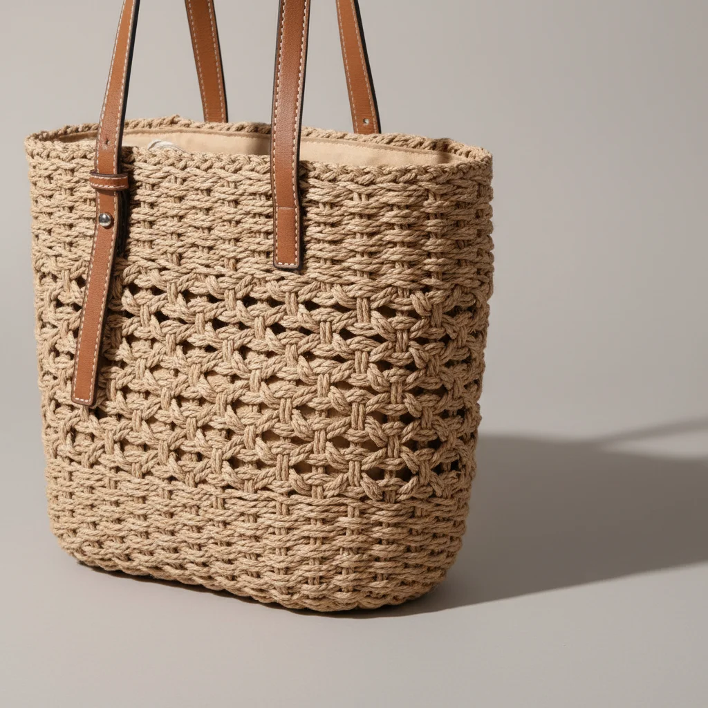 Sac paille cabas ajouré anses en cuir - Vue 4 - Sac Paille