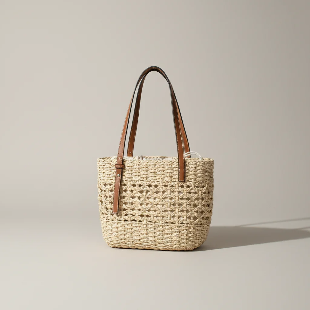 Sac paille cabas ajouré anses en cuir - Vue 9 - Sac Paille