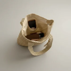 Sac paille cabas fermeture éclair et pompon - Vue 1 - Sac Paille