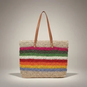 Sac paille cabas rayé avec anses longues - Vue 1 - Sac Paille