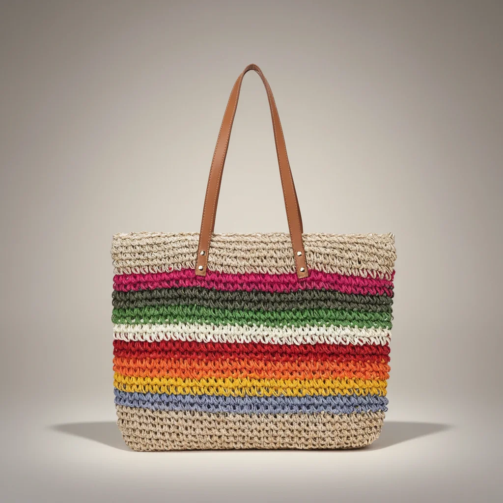Sac paille cabas rayé avec anses longues - Vue 1 - Sac Paille
