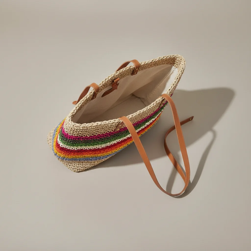 Sac paille cabas rayé avec anses longues - Vue 3 - Sac Paille
