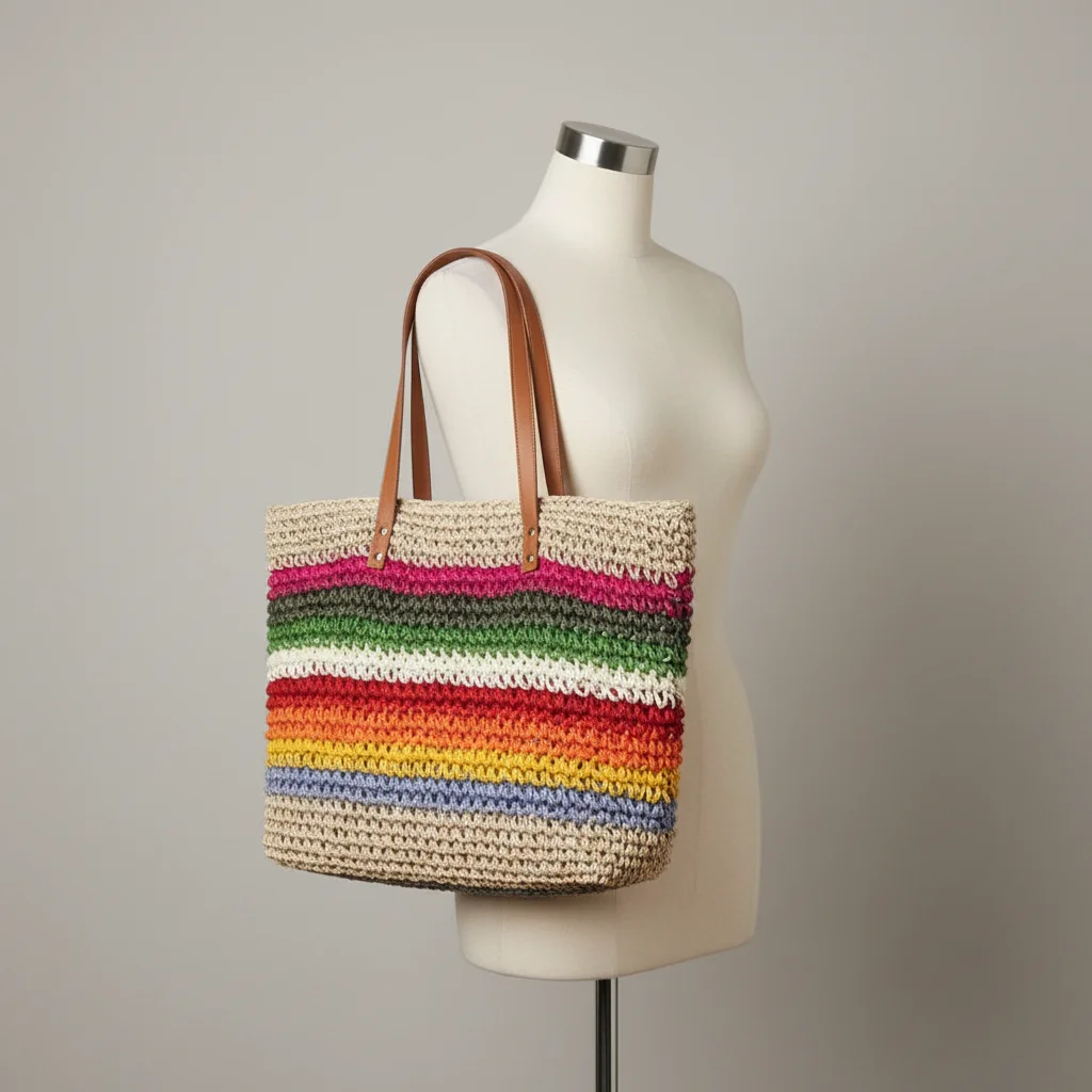 Sac paille cabas rayé avec anses longues - Vue 5 - Sac Paille