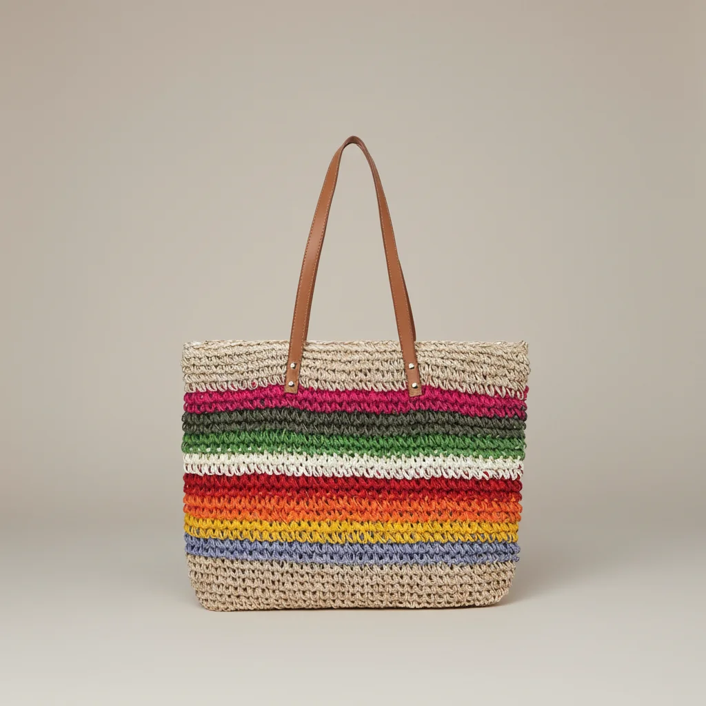Sac paille cabas rayé avec anses longues - Vue 6 - Sac Paille