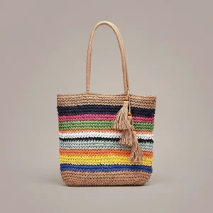 Sac paille cabas rayé avec fermeture éclair - Vue 1 - Sac Paille