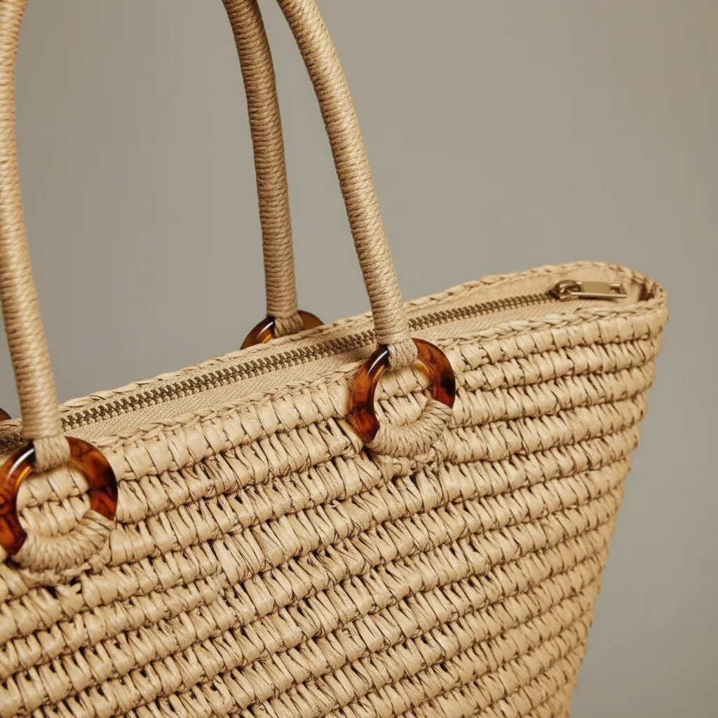 Sac paille cabas tressé fermeture zippée - Vue 4 - Sac Paille