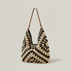 Sac paille crocheté motif graphique - Vue 1 - Sac Paille