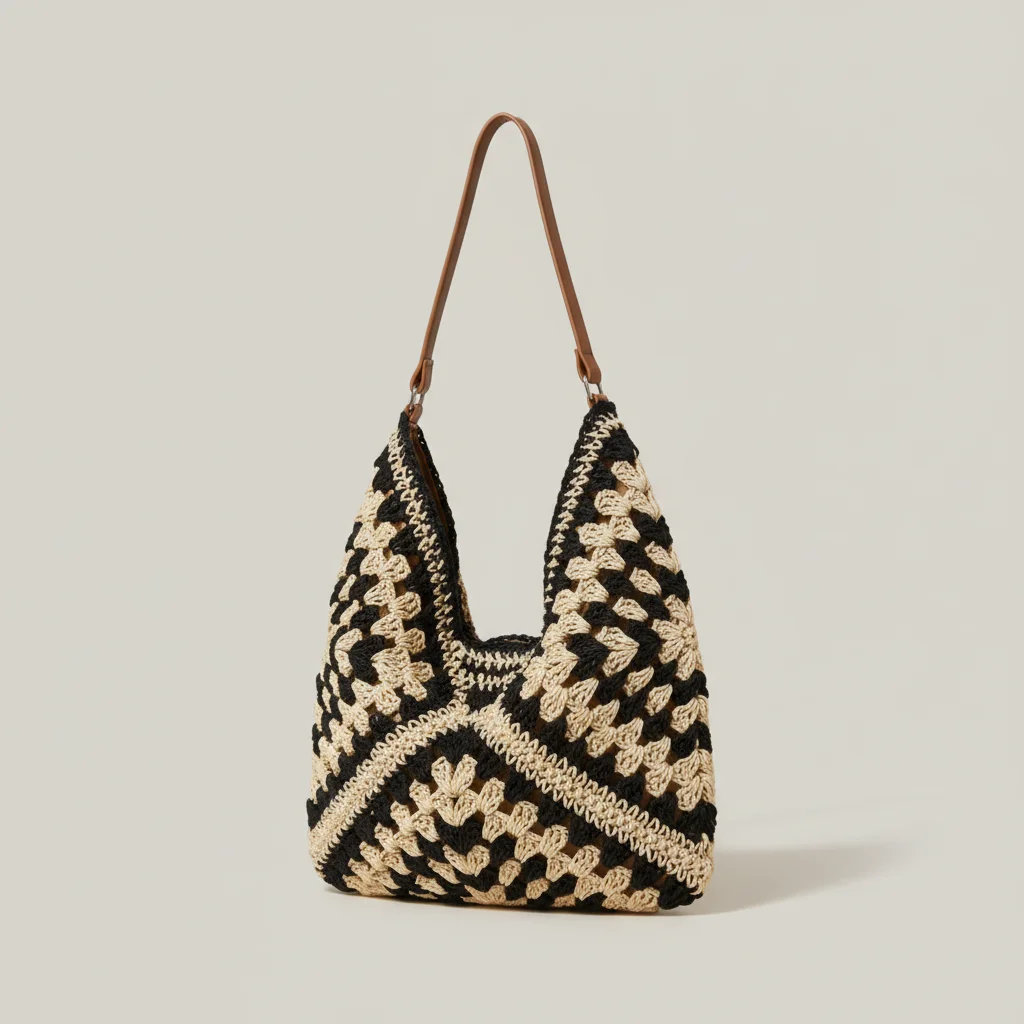Sac paille crocheté motif graphique - Vue 1 - Sac Paille