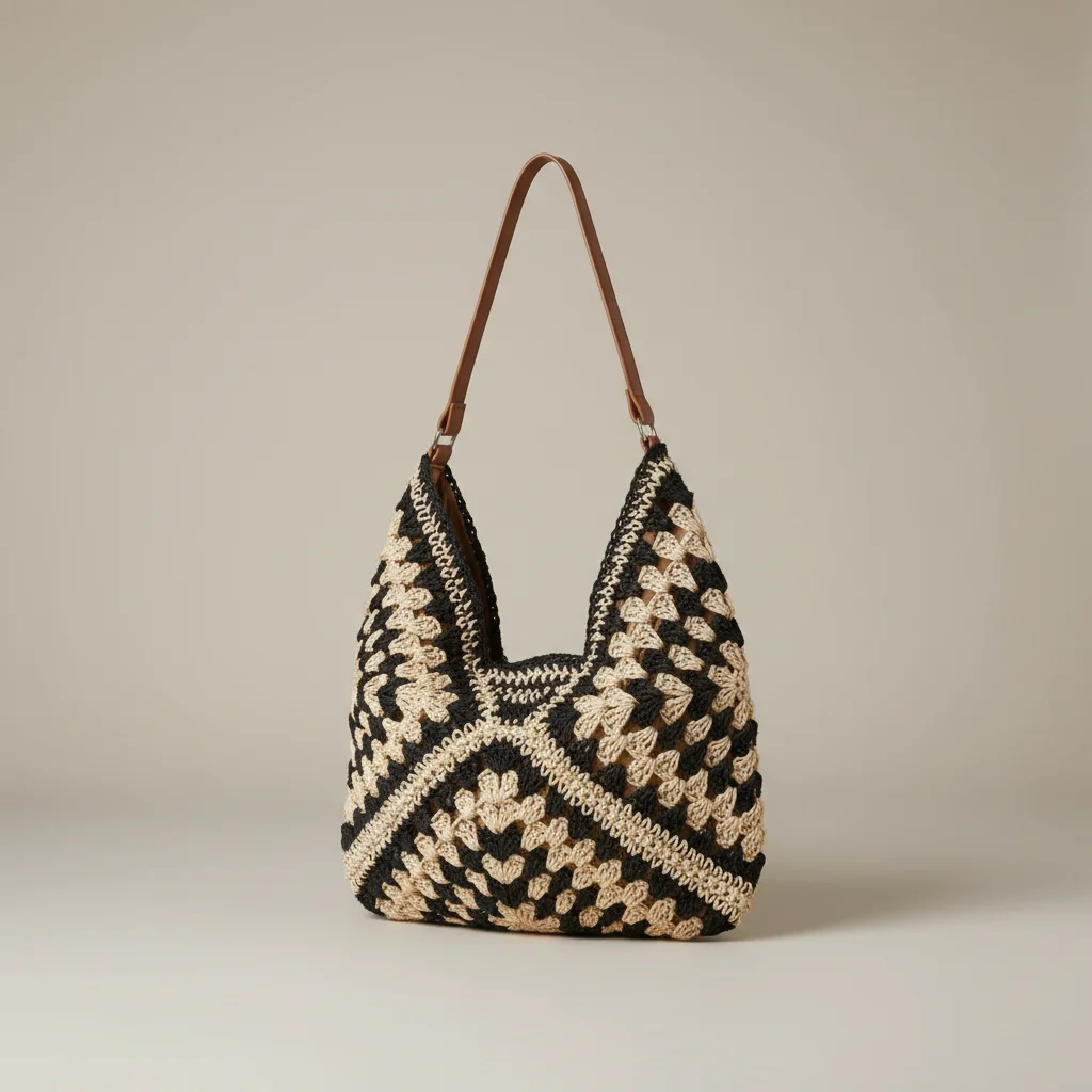 Sac paille crocheté motif graphique - Vue 2 - Sac Paille