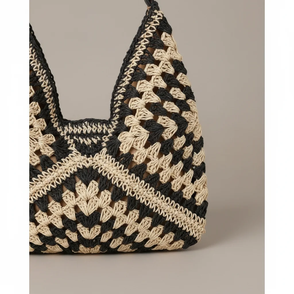 Sac paille crocheté motif graphique - Vue 4 - Sac Paille