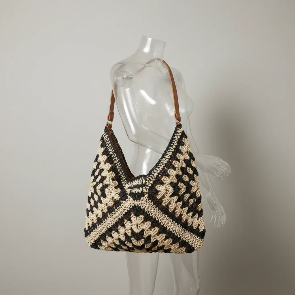 Sac paille crocheté motif graphique - Vue 5 - Sac Paille