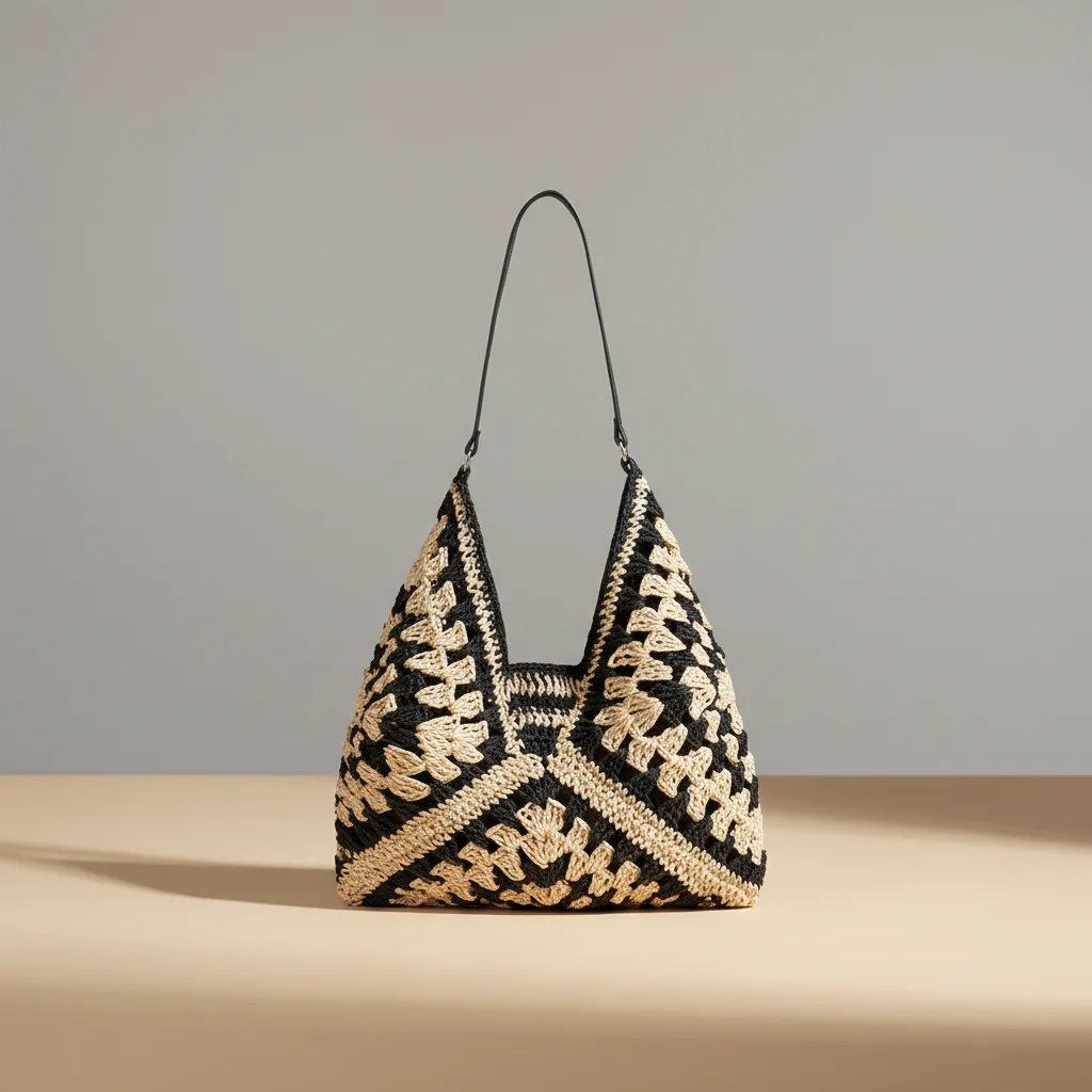 Sac paille crocheté motif graphique - Vue 6 - Sac Paille