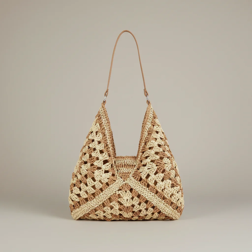 Sac paille crocheté motif graphique - Vue 7 - Sac Paille