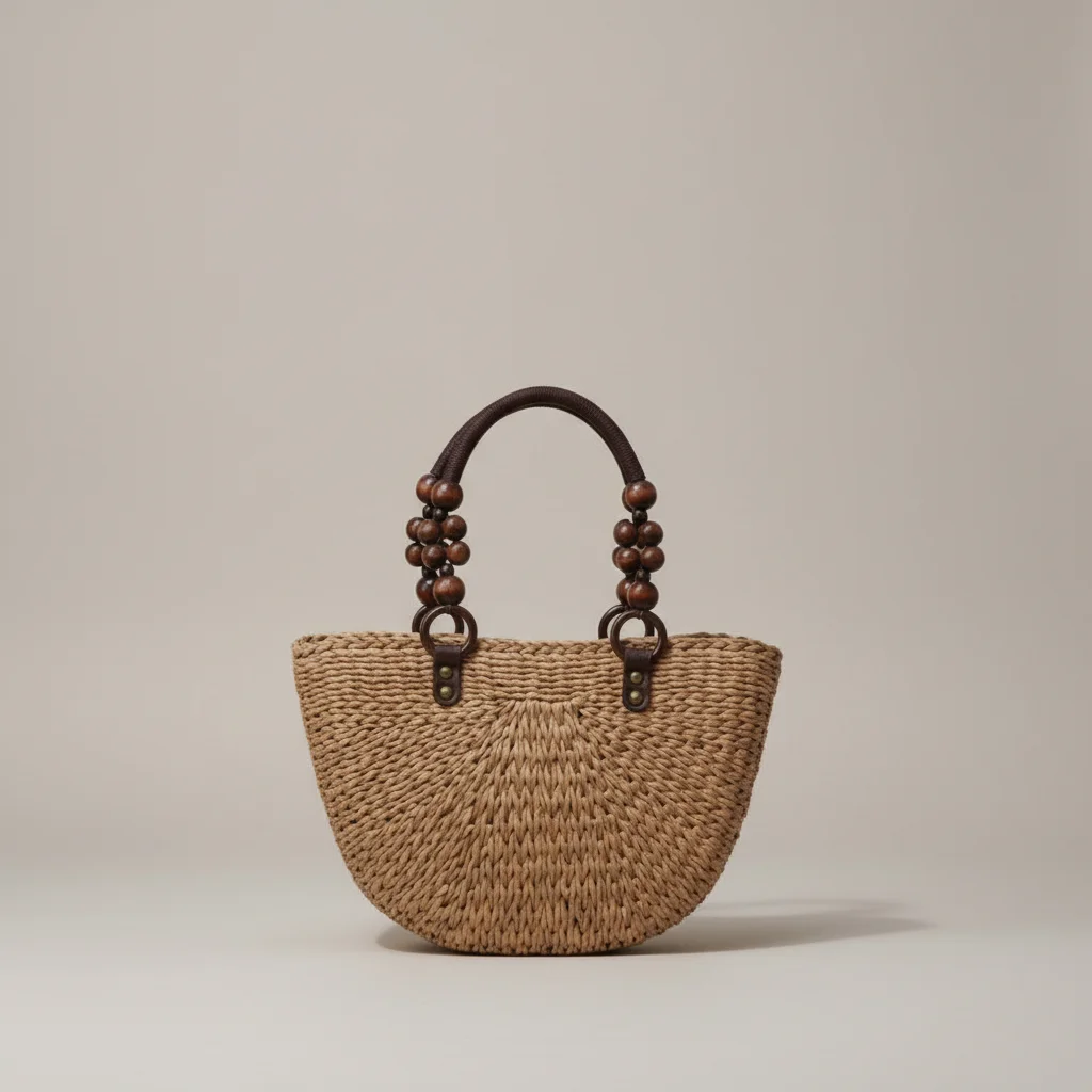 Sac paille demi-lune anses perlées - Vue 1 - Sac Paille