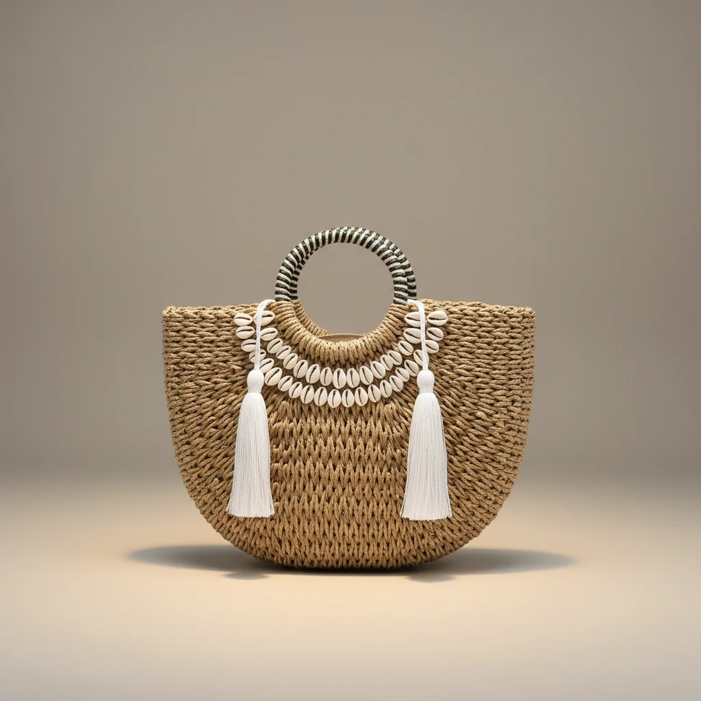 Sac paille demi-lune orné de coquillages - Vue 1 - Sac Paille