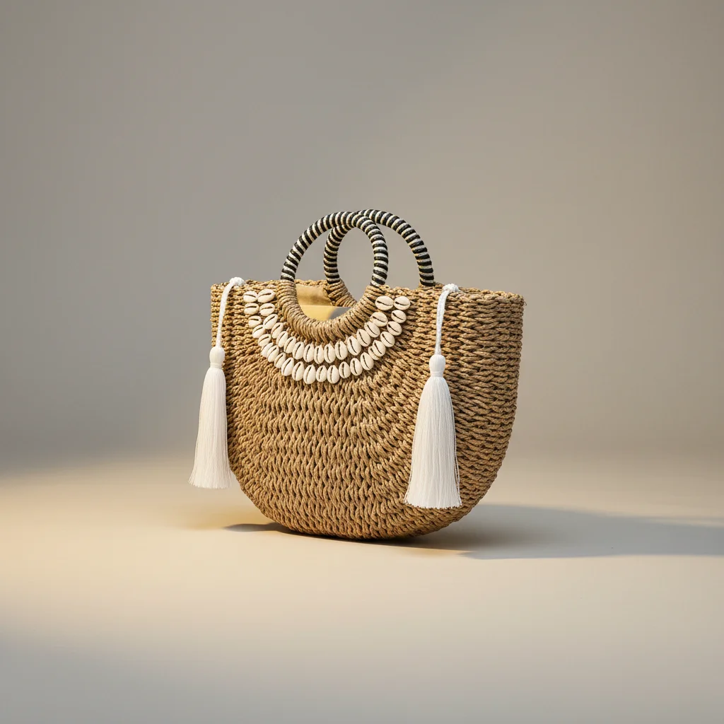 Sac paille demi-lune orné de coquillages - Vue 4 - Sac Paille