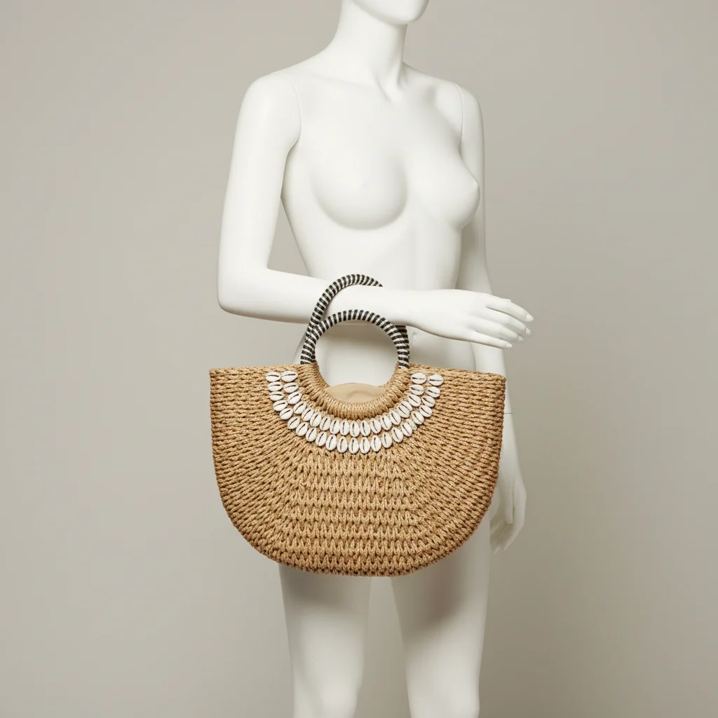 Sac paille demi-lune orné de coquillages - Vue 5 - Sac Paille