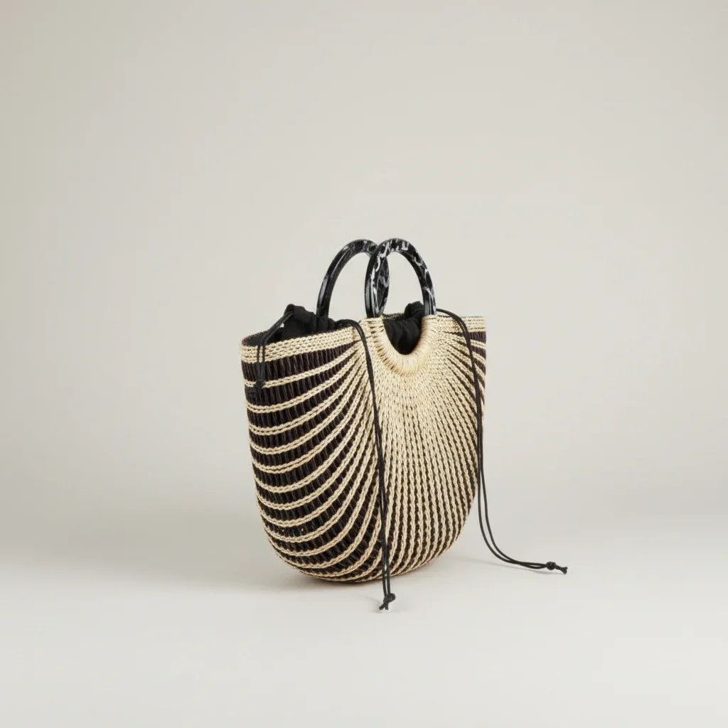 Sac paille panier rayé avec anses rondes - Vue 2 - Sac Paille