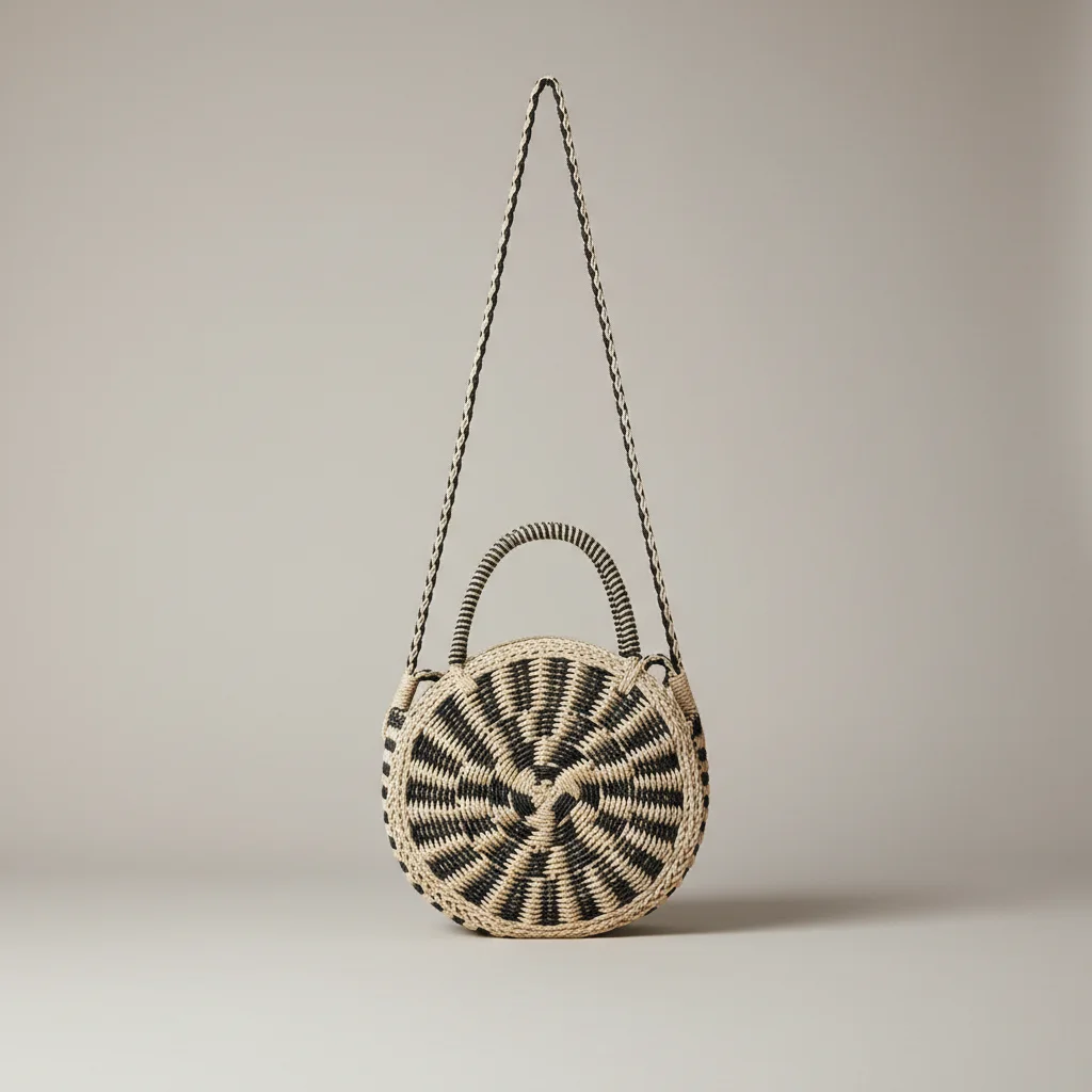 Sac paille rond bicolore avec bandoulière - Vue 1 - Sac Paille