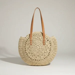 Sac paille rond crocheté anses synthétiques - Vue 1 - Sac Paille