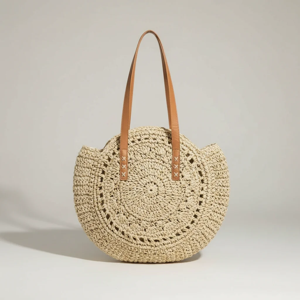 Sac paille rond crocheté anses synthétiques - Vue 1 - Sac Paille