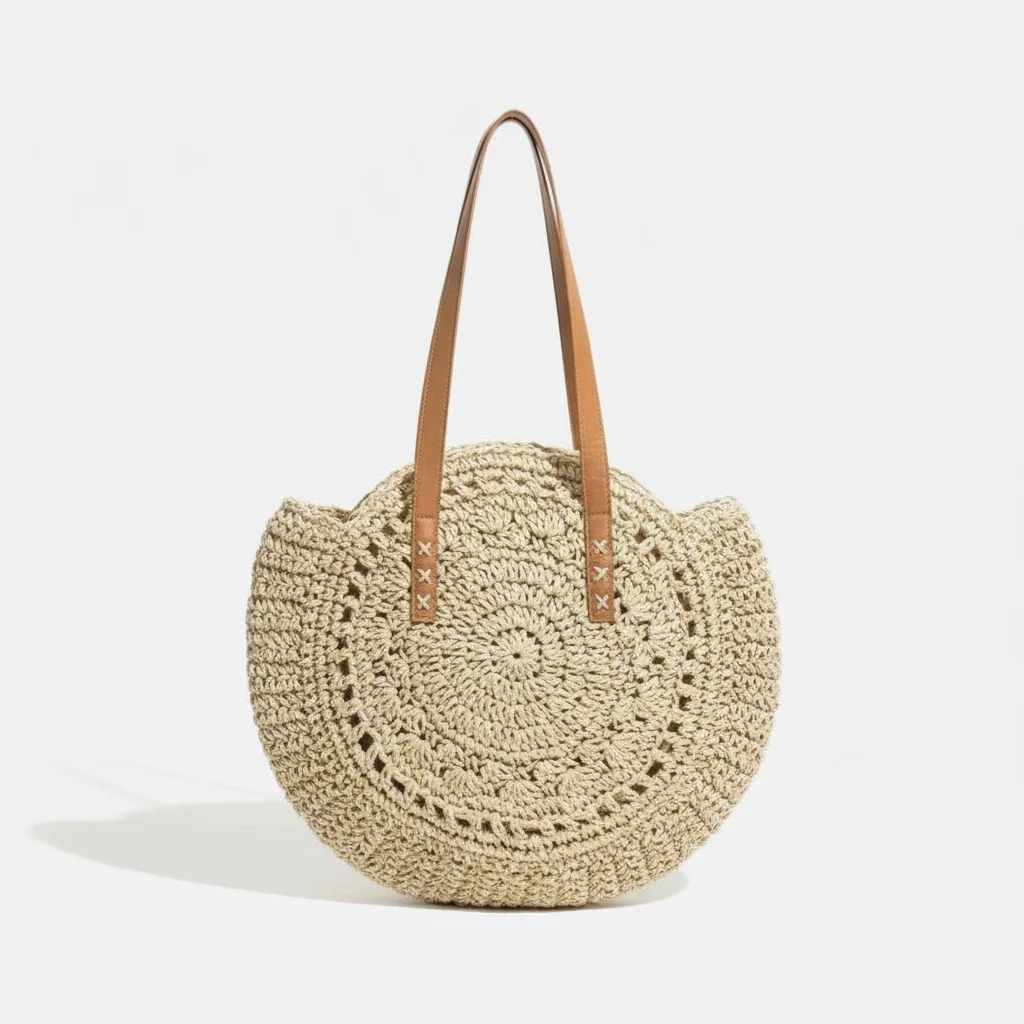 Sac paille rond crocheté anses synthétiques - Vue 2 - Sac Paille
