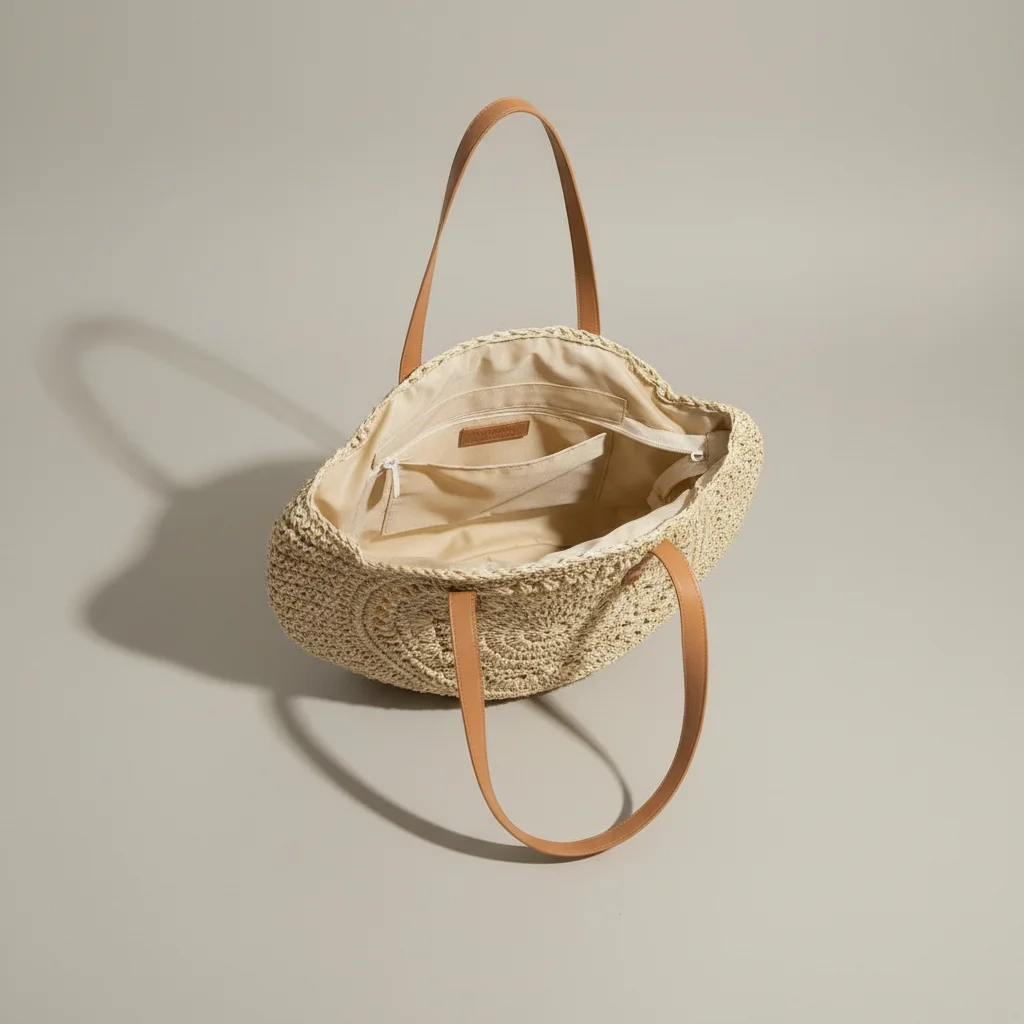 Sac paille rond crocheté anses synthétiques - Vue 3 - Sac Paille