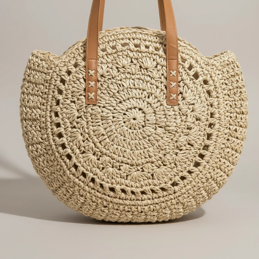 Sac paille rond crocheté anses synthétiques - Vue 4 - Sac Paille