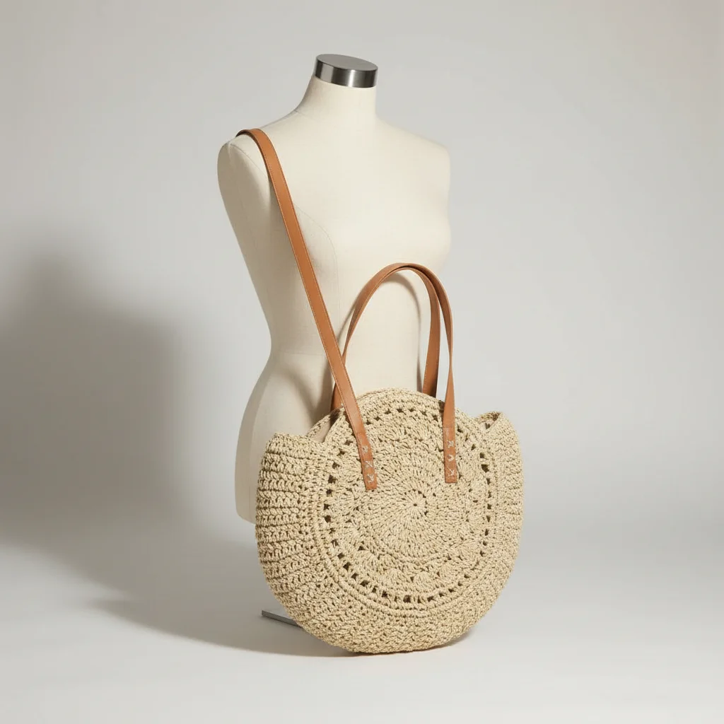 Sac paille rond crocheté anses synthétiques - Vue 5 - Sac Paille