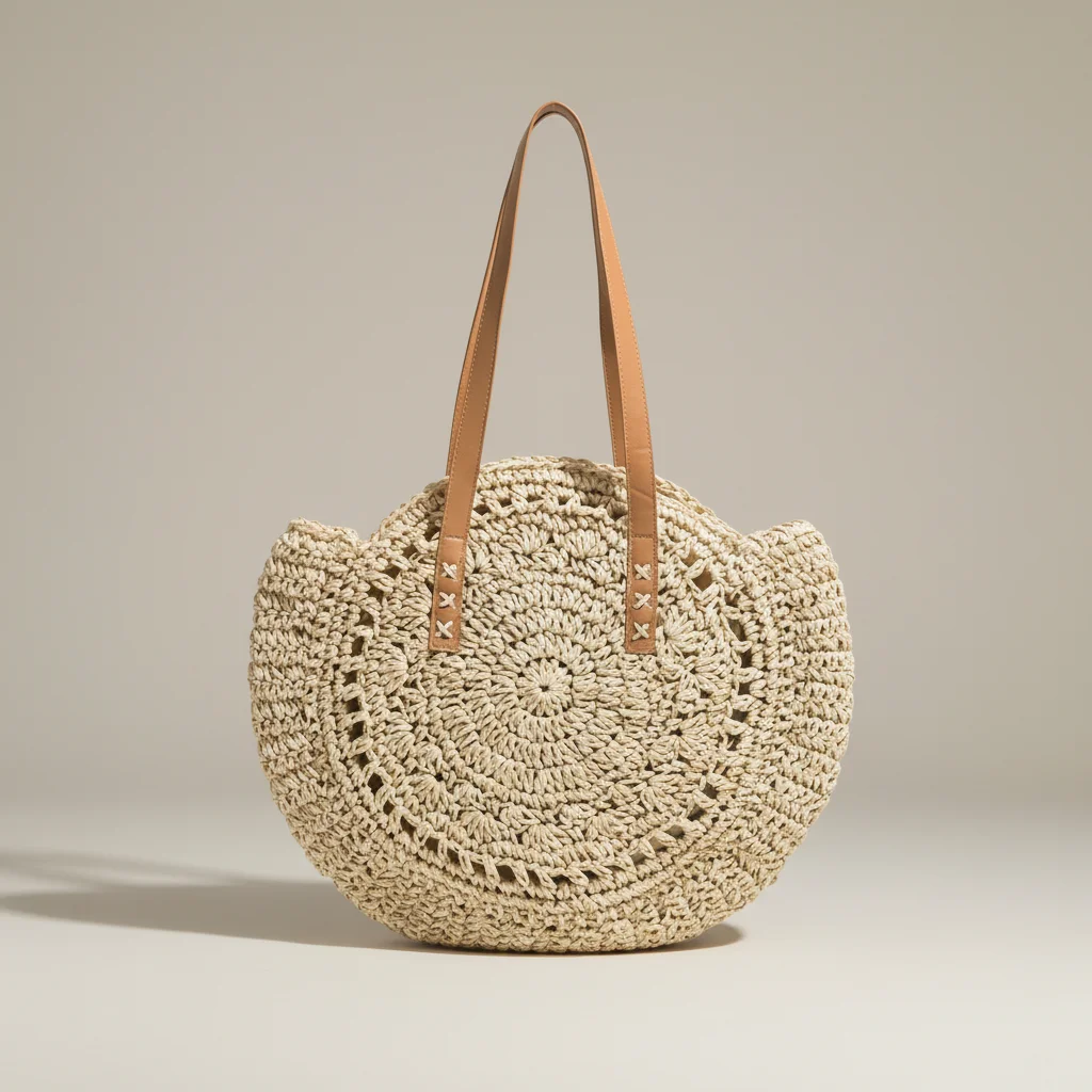Sac paille rond crocheté anses synthétiques - Vue 6 - Sac Paille