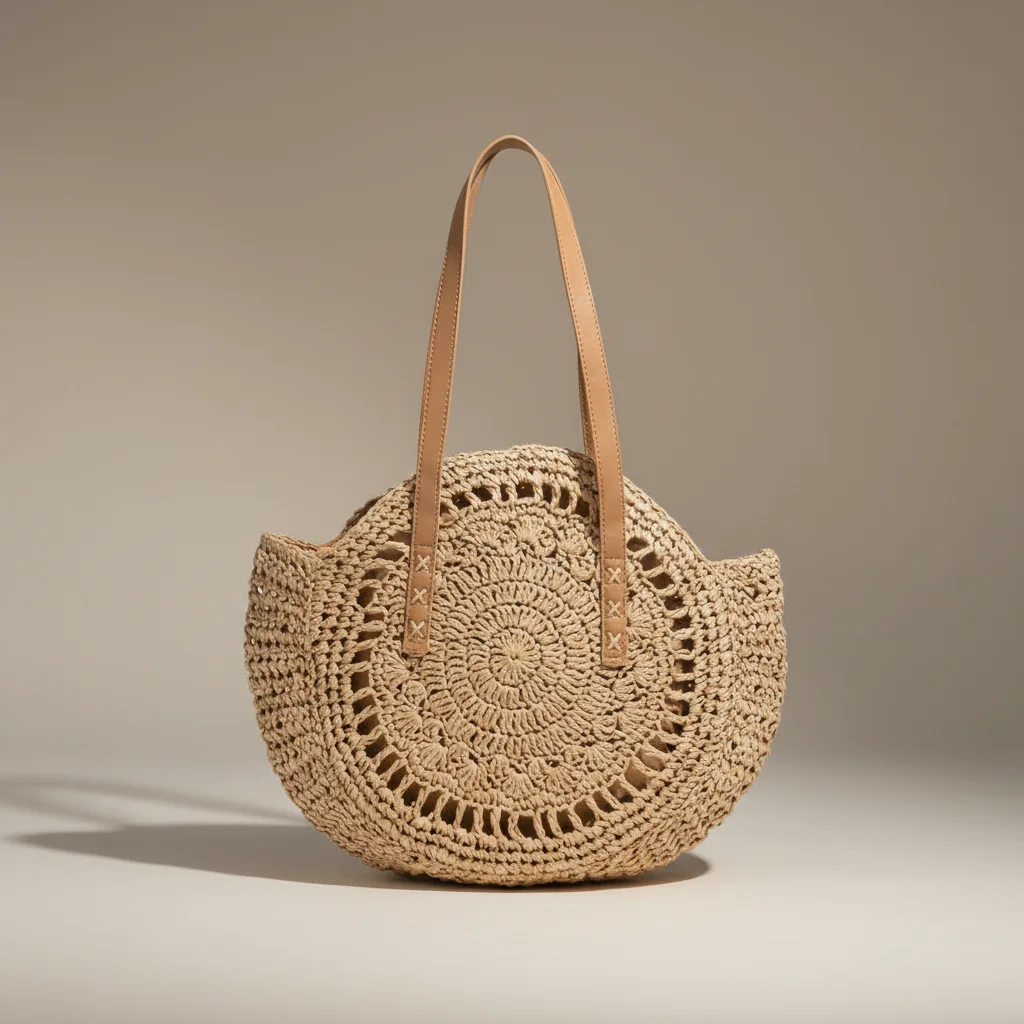 Sac paille rond crocheté anses synthétiques - Vue 7 - Sac Paille