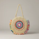 Sac paille rond crocheté motif floral - Vue 1 - Sac Paille