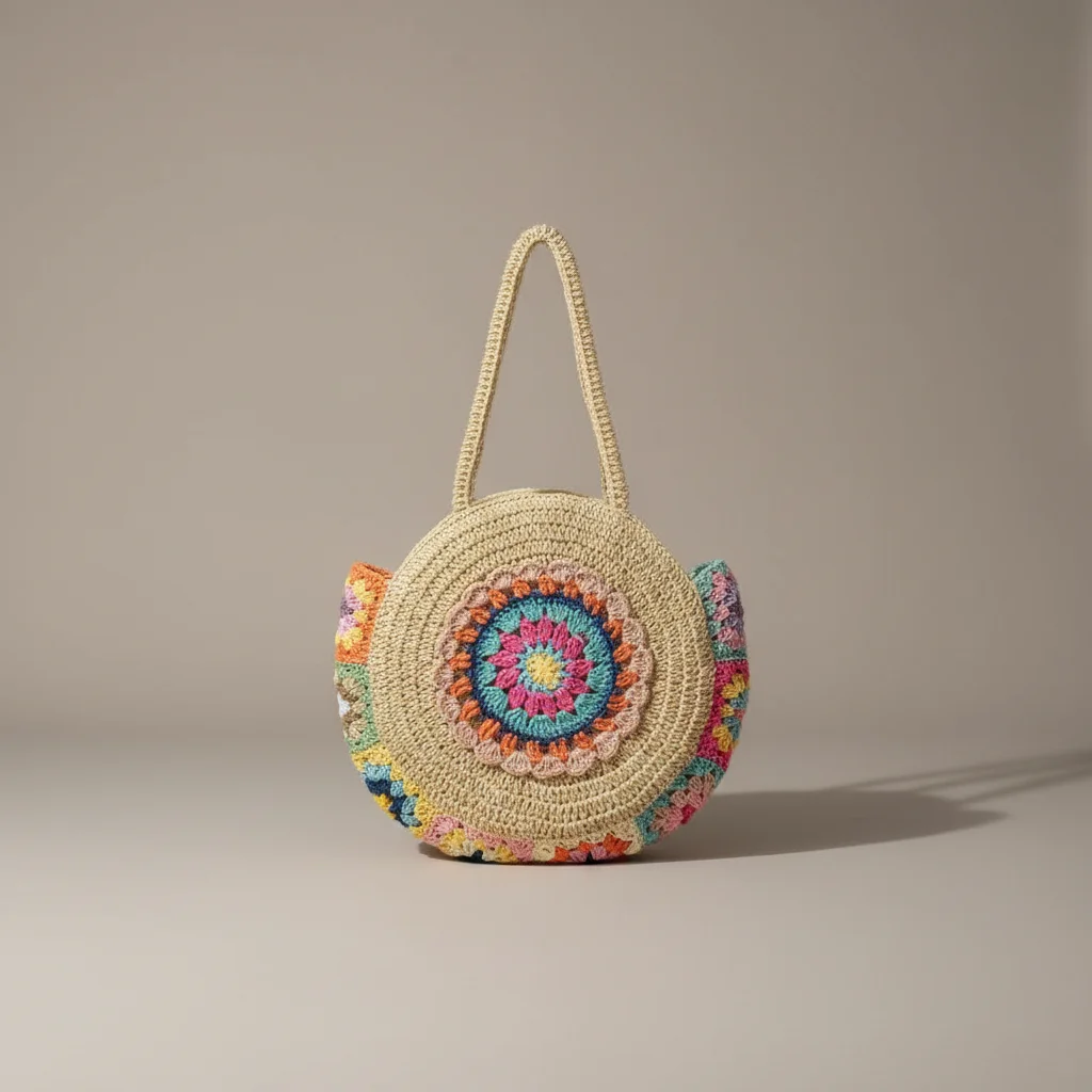 Sac paille rond crocheté motif floral - Vue 3 - Sac Paille