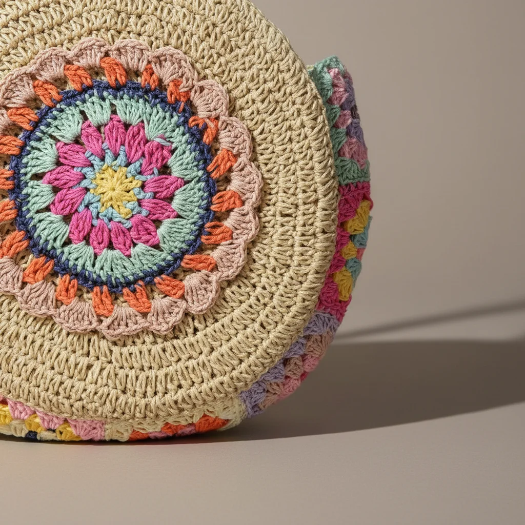 Sac paille rond crocheté motif floral - Vue 4 - Sac Paille