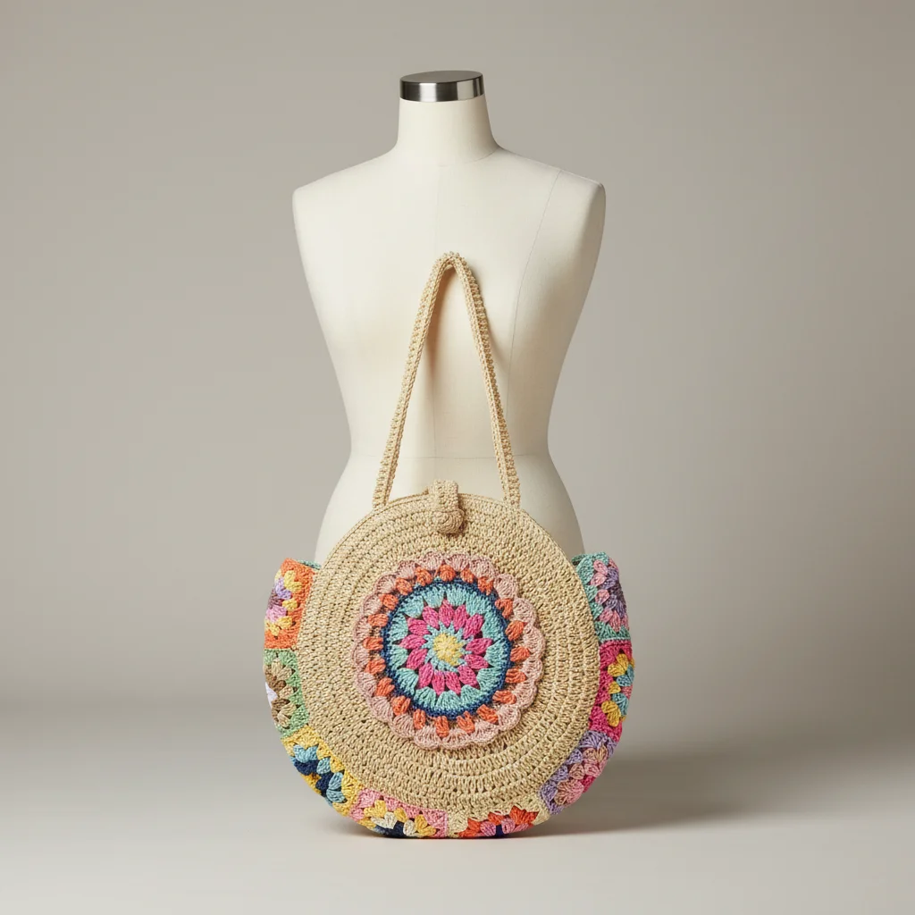 Sac paille rond crocheté motif floral - Vue 5 - Sac Paille