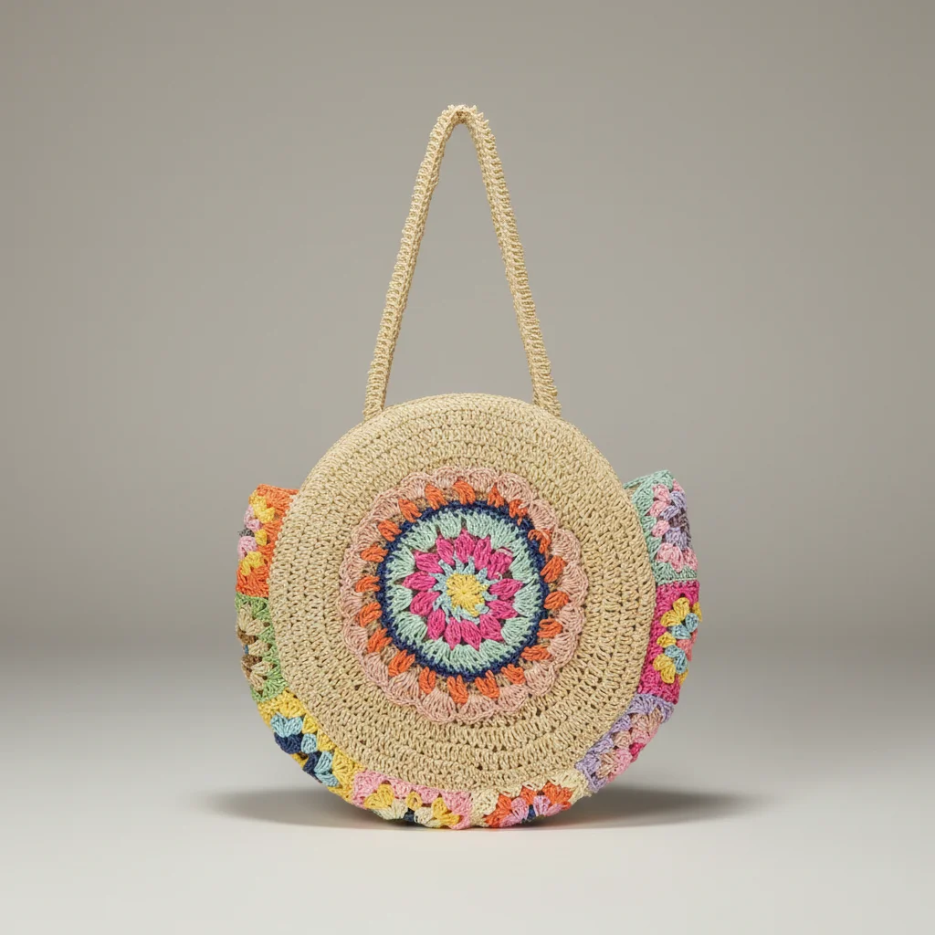 Sac paille rond crocheté motif floral - Vue 6 - Sac Paille
