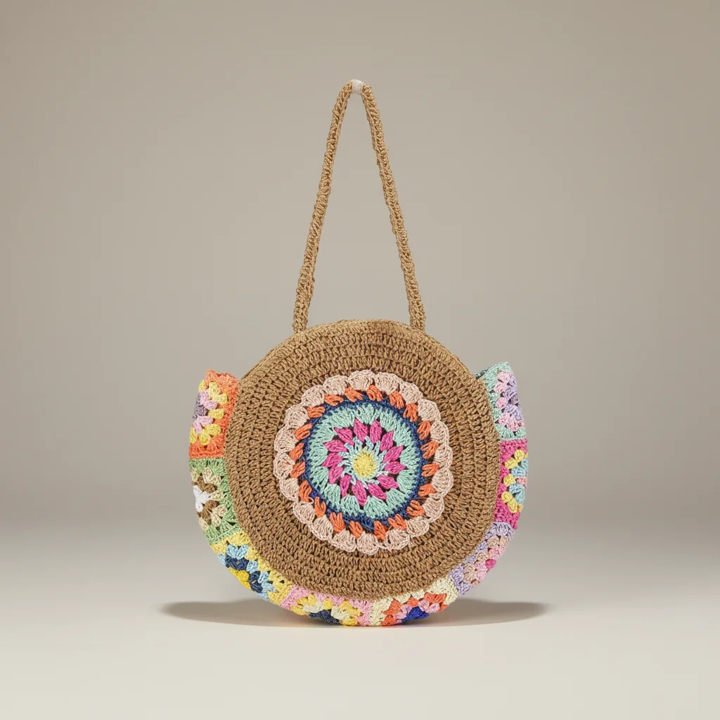 Sac paille rond crocheté motif floral - Vue 7 - Sac Paille