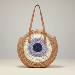 Sac paille rond tressé motif coloré - Vue 1 - Sac Paille