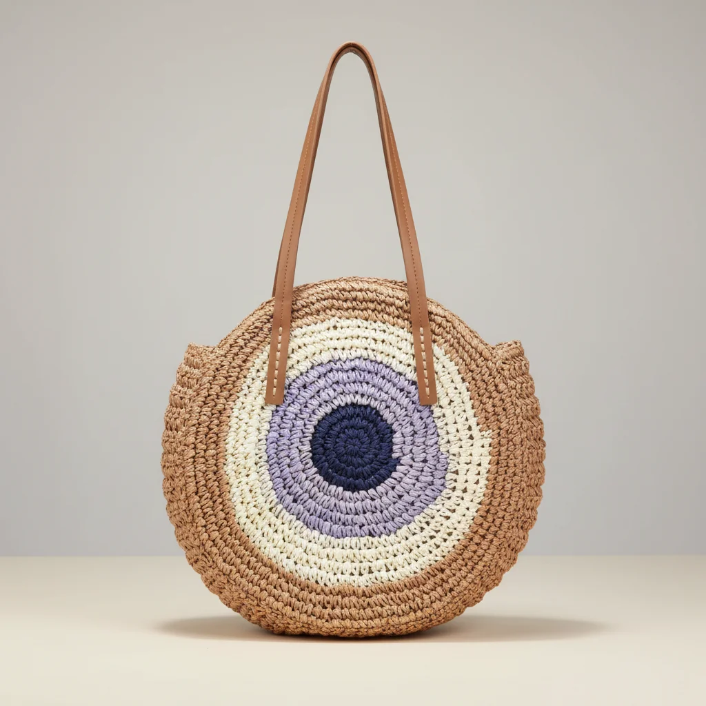 Sac paille rond tressé motif coloré - Vue 1 - Sac Paille