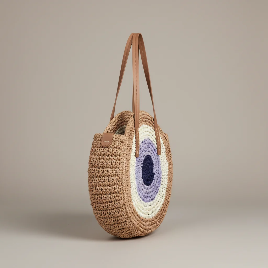 Sac paille rond tressé motif coloré - Vue 2 - Sac Paille