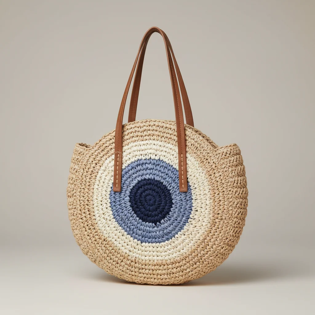 Sac paille rond tressé motif coloré - Vue 4 - Sac Paille