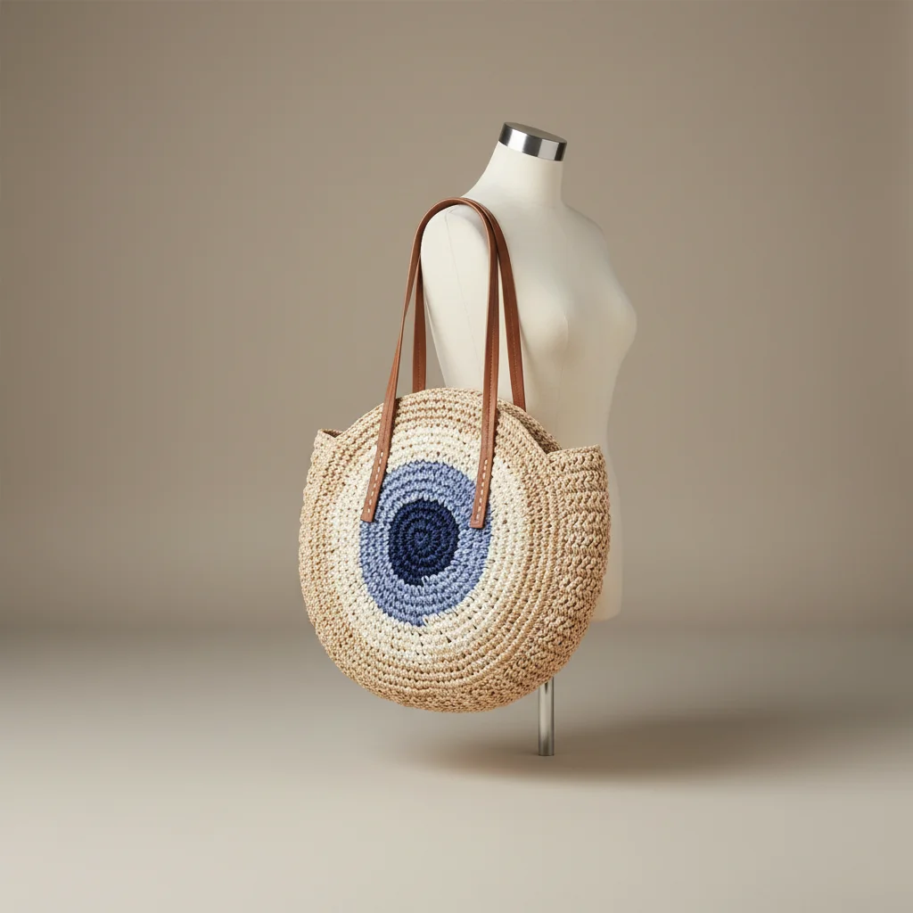Sac paille rond tressé motif coloré - Vue 5 - Sac Paille