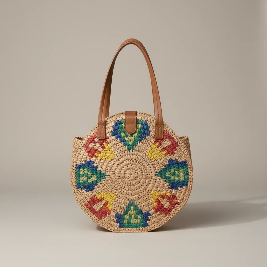 Sac paille rond tressé motif coloré - Vue 7 - Sac Paille