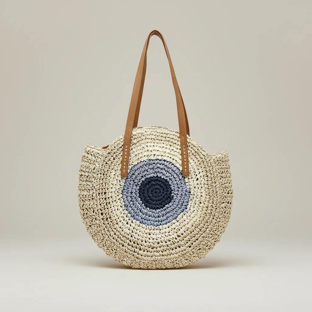 Sac paille rond tressé motif coloré - Vue 8 - Sac Paille