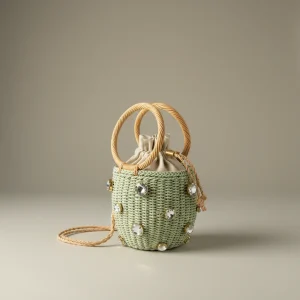 Sac paille tressé anses rotin et strass - Vue 1 - Sac Paille